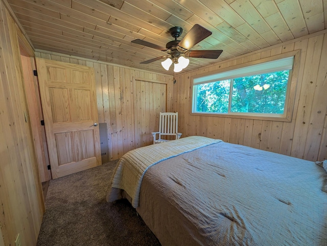 38382 Eldorado Beach Rd, Amor Twp, MN 56515 - carpeted bedroom featuring wooden ceiling, wooden walls, and ceiling fan