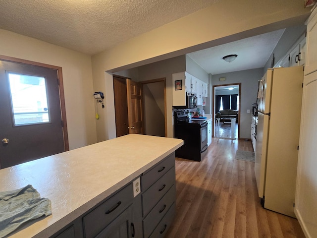 108 9th St, Morris, MN 56267 - kitchen with electric range, freestanding refrigerator, wood finished floors, light countertops, and a textured ceiling