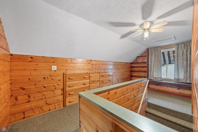 1109 14th St N, Moorhead, MN 56560 - bonus room featuring carpet, wood walls, vaulted ceiling, a ceiling fan, and a textured ceiling