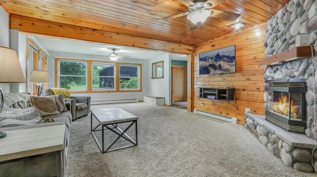 14645 Chapel Rd, Edgewater, WI 54817 - carpeted living area featuring ceiling fan, a baseboard heating unit, a fireplace, wood walls, and wooden ceiling