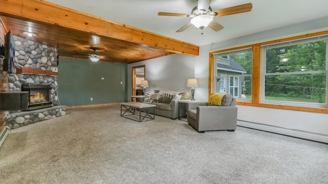 14645 Chapel Rd, Edgewater, WI 54817 - living room with ceiling fan, carpet flooring, a stone fireplace, and baseboard heating