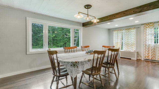 14645 Chapel Rd, Edgewater, WI 54817 - dining room featuring radiator, wood finished floors, recessed lighting, and beamed ceiling