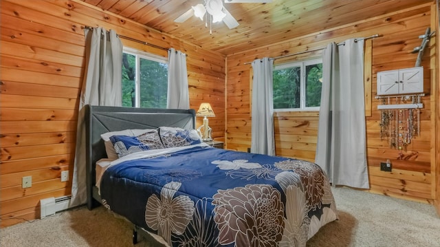14645 Chapel Rd, Edgewater, WI 54817 - bedroom with carpet, a baseboard radiator, wood walls, wood ceiling, and ceiling fan