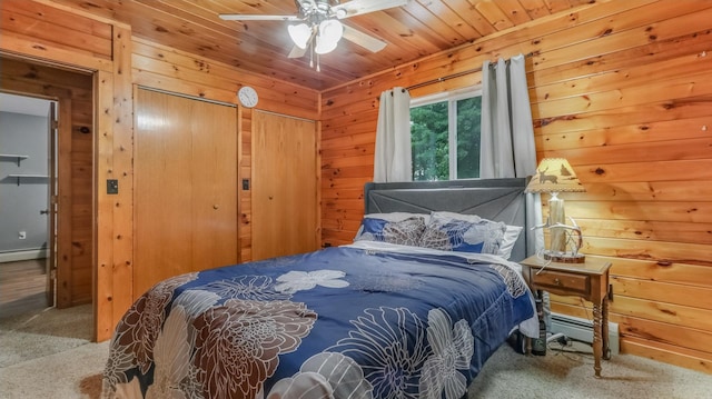14645 Chapel Rd, Edgewater, WI 54817 - bedroom featuring carpet, wooden walls, wooden ceiling, a baseboard radiator, and multiple closets