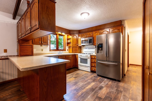 26233 555th Ave, Lansing Twp, MN 55912 - kitchen with appliances with stainless steel finishes, a textured ceiling, a peninsula, dark wood finished floors, and open shelves