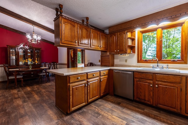 26233 555th Ave, Lansing Twp, MN 55912 - kitchen with dishwasher, a peninsula, brown cabinetry, a textured ceiling, and vaulted ceiling