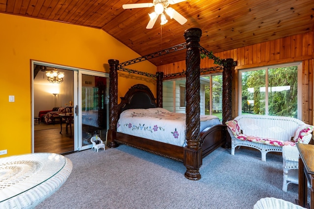 26233 555th Ave, Lansing Twp, MN 55912 - bedroom featuring vaulted ceiling, wooden ceiling, carpet flooring, and a ceiling fan