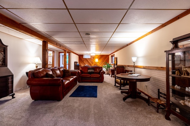 26233 555th Ave, Lansing Twp, MN 55912 - carpeted living area featuring wood walls, a drop ceiling, and a wainscoted wall
