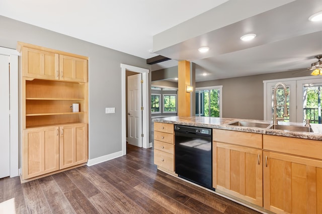 27088 130th St, Staples, MN 56479 - kitchen featuring light brown cabinetry, dishwasher, dark wood-style flooring, healthy amount of natural light, and recessed lighting