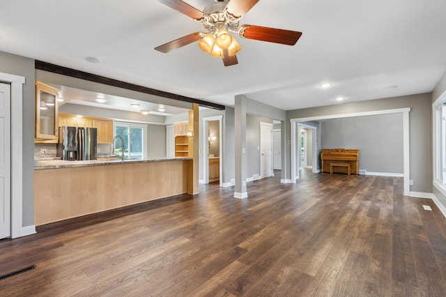 27088 130th St, Staples, MN 56479 - unfurnished living room featuring dark wood-type flooring, ceiling fan, and recessed lighting