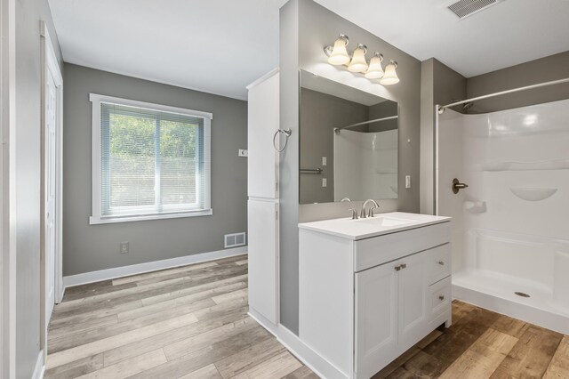 27088 130th St, Staples, MN 56479 - bathroom featuring a shower, vanity, and wood finished floors