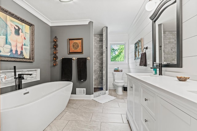 N5887 1110th St, Oak Grove Twp, WI 54021 - bathroom featuring a freestanding bath, crown molding, vanity, and a stall shower