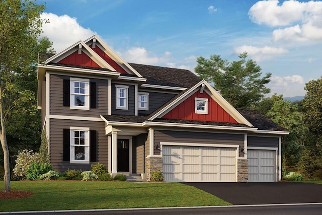 1935SPARROWDRIVE Sparrow Dr, Shakopee, MN 55379 - craftsman inspired home with board and batten siding, a front lawn, asphalt driveway, roof with shingles, and stone siding