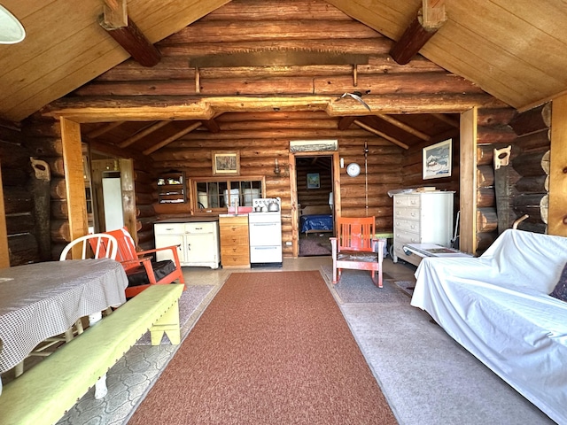 518 Sparrow Ln, Fall Lake Twp, MN 55731 - bedroom featuring a wooden ceiling with exposed beams, rustic walls, and high vaulted ceiling