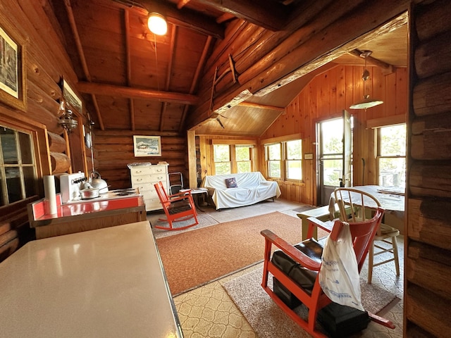 518 Sparrow Ln, Fall Lake Twp, MN 55731 - carpeted bedroom with wooden ceiling, wood walls, and rustic walls
