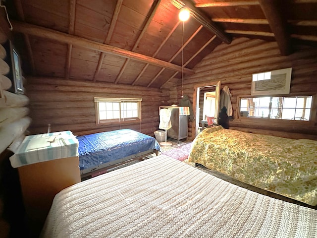 518 Sparrow Ln, Fall Lake Twp, MN 55731 - bedroom with vaulted ceiling, rustic walls, and carpet floors