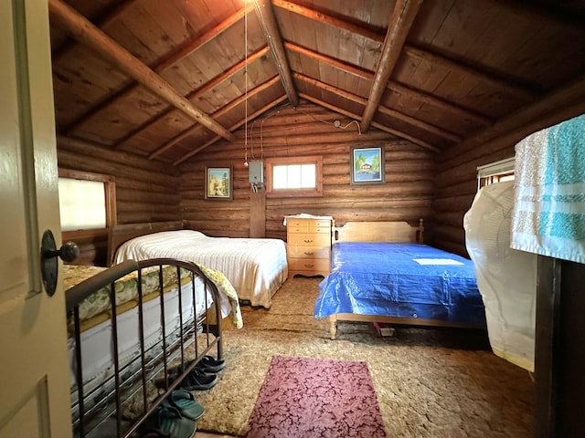 518 Sparrow Ln, Fall Lake Twp, MN 55731 - bedroom with wood ceiling and log walls