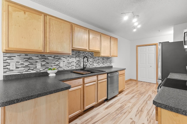 14939 Pinto Ln, Savage, MN 55378 - kitchen with light brown cabinets, appliances with stainless steel finishes, decorative backsplash, light wood-type flooring, and dark countertops