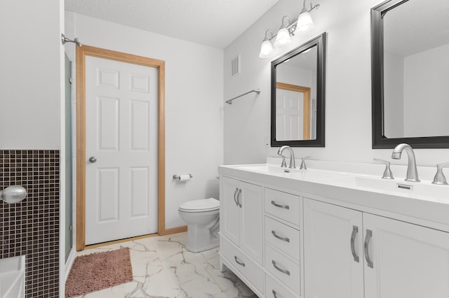 14939 Pinto Ln, Savage, MN 55378 - bathroom with marble look tiles, double vanity, a textured ceiling, a shower, and a tub to relax in