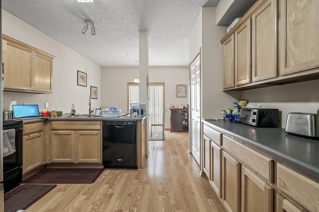 6566 Merrimac Ln N, Maple Grove, MN 55311 - kitchen with dishwasher, light wood-style flooring, light brown cabinetry, a peninsula, and dark countertops