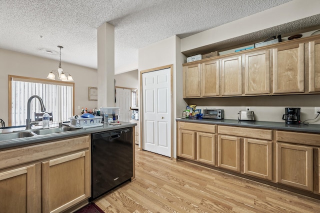 6566 Merrimac Ln N, Maple Grove, MN 55311 - kitchen featuring dishwasher, dark countertops, light wood-style flooring, a textured ceiling, and a chandelier