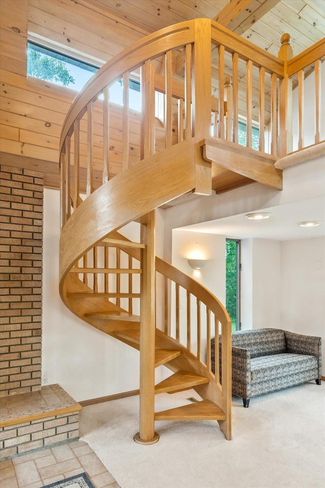 3718 Big Mcgraw Rd, Blaine Twp, WI 54830 - stairs featuring carpet flooring and wood ceiling