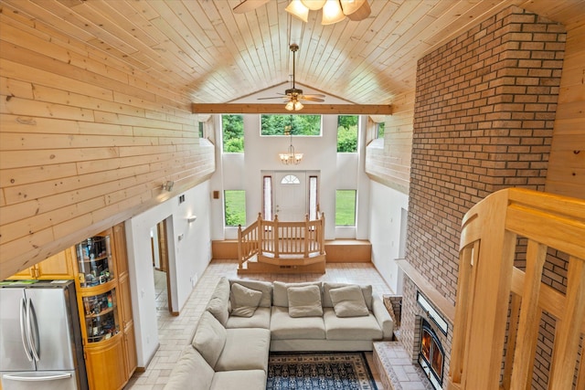 3718 Big Mcgraw Rd, Blaine Twp, WI 54830 - living area with wood ceiling, a ceiling fan, high vaulted ceiling, a fireplace, and wood walls