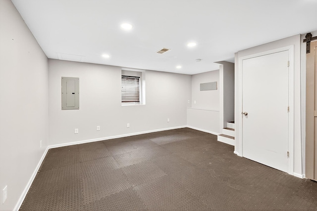 4716 30th Ave S, Minneapolis, MN 55406 - finished below grade area with electric panel, recessed lighting, dark carpet, and stairway