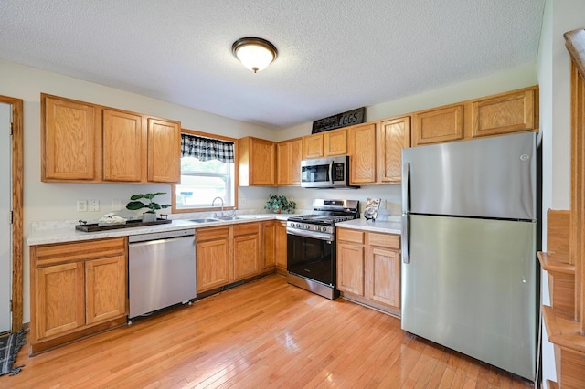 927 Charles Ave, Saint Paul, MN 55104 - kitchen featuring appliances with stainless steel finishes, light countertops, a textured ceiling, and light wood finished floors