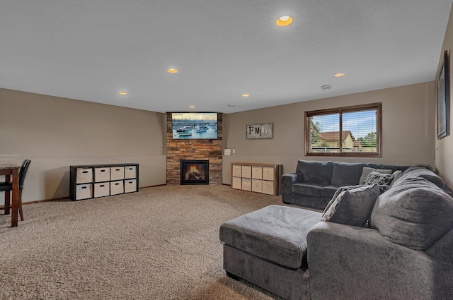 617 Knights Ct, Sartell, MN 56377 - living room with a stone fireplace, carpet flooring, and recessed lighting