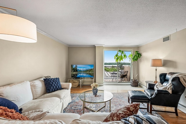 2800 44th St Unit 608, Minneapolis, MN 55410 - living area featuring wood finished floors, ornamental molding, a textured ceiling, and a baseboard heating unit