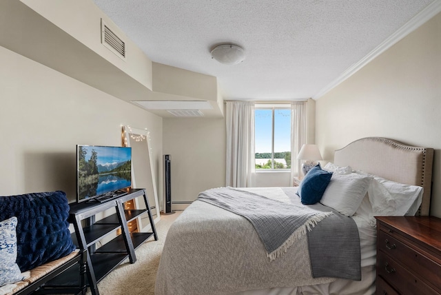 2800 44th St Unit 608, Minneapolis, MN 55410 - bedroom with light carpet, crown molding, a textured ceiling, and a baseboard heating unit