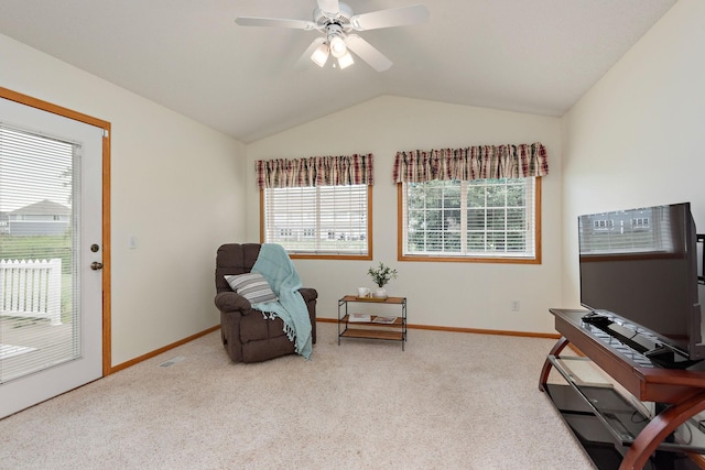 13019 Brookside Ln N, Rogers, MN 55374 - living area with vaulted ceiling, ceiling fan, and carpet