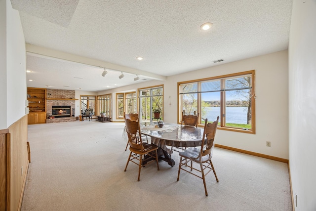 1181 12th Ave NW, New Brighton, MN 55112 - dining area featuring light colored carpet, a brick fireplace, a textured ceiling, and a water view