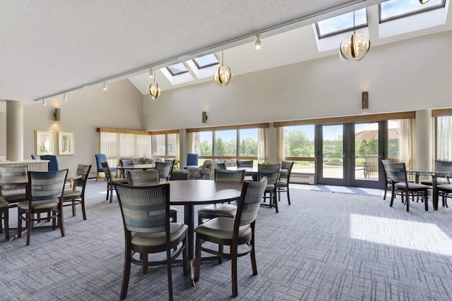 2265 Youngman Ave Unit 207E, Saint Paul, MN 55116 - dining area with track lighting, carpet floors, high vaulted ceiling, a skylight, and a textured ceiling