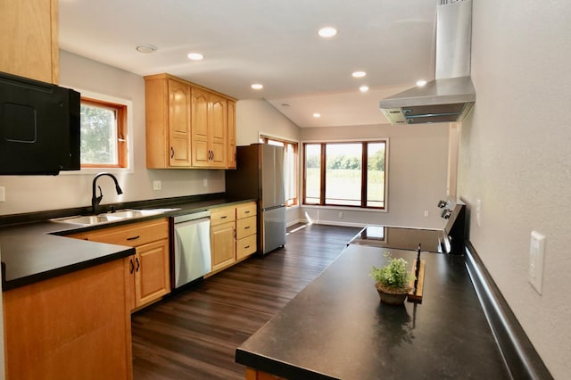 1722 41st Ave NE, Dovre Twp, MN 56201 - kitchen with exhaust hood, stainless steel appliances, plenty of natural light, dark wood finished floors, and recessed lighting