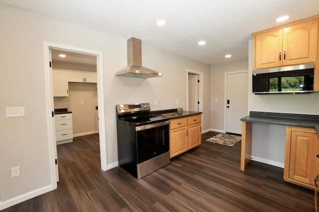 1722 41st Ave NE, Dovre Twp, MN 56201 - kitchen with appliances with stainless steel finishes, wall chimney range hood, dark countertops, dark wood finished floors, and light brown cabinetry