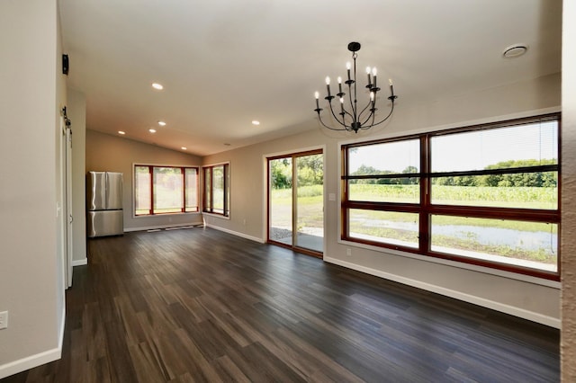 1722 41st Ave NE, Dovre Twp, MN 56201 - unfurnished living room with a chandelier, vaulted ceiling, recessed lighting, and dark wood-style floors