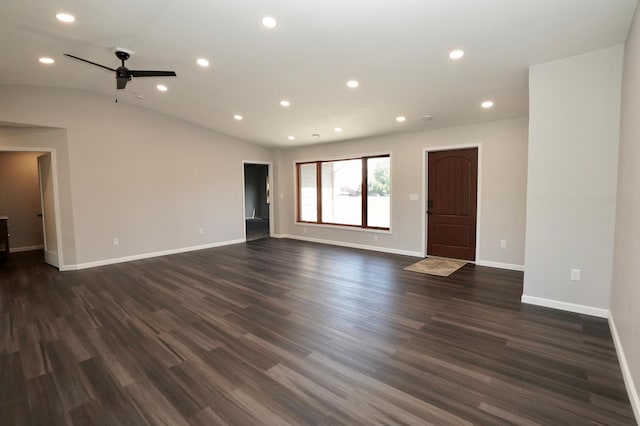 1722 41st Ave NE, Dovre Twp, MN 56201 - unfurnished living room featuring a ceiling fan, dark wood-style flooring, recessed lighting, and vaulted ceiling