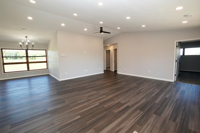 1722 41st Ave NE, Dovre Twp, MN 56201 - unfurnished living room with a chandelier, lofted ceiling, dark wood-style flooring, ceiling fan, and recessed lighting