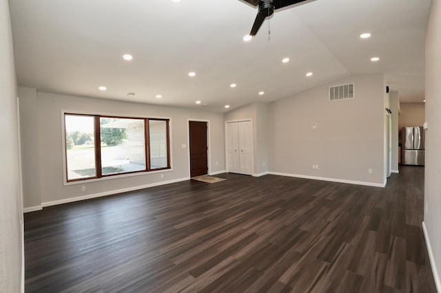 1722 41st Ave NE, Dovre Twp, MN 56201 - unfurnished living room featuring dark wood-type flooring, recessed lighting, ceiling fan, and lofted ceiling