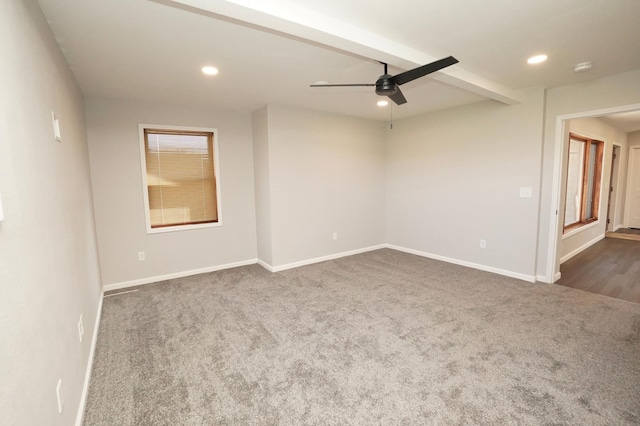 1722 41st Ave NE, Dovre Twp, MN 56201 - empty room with a ceiling fan, dark carpet, recessed lighting, and beamed ceiling