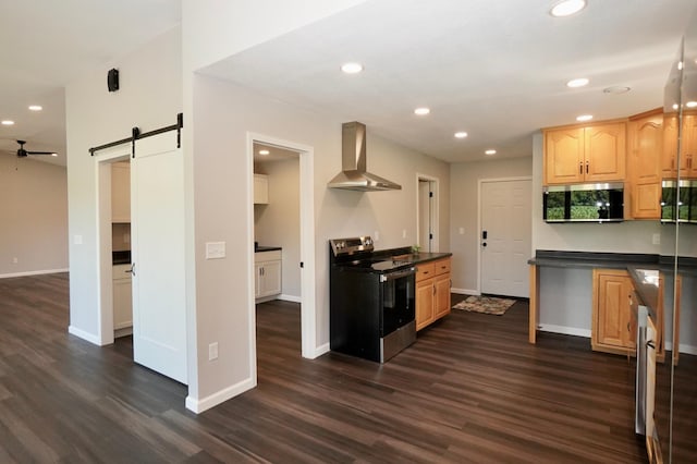 1722 41st Ave NE, Dovre Twp, MN 56201 - kitchen with stainless steel appliances, wall chimney exhaust hood, a barn door, dark wood-type flooring, and dark countertops