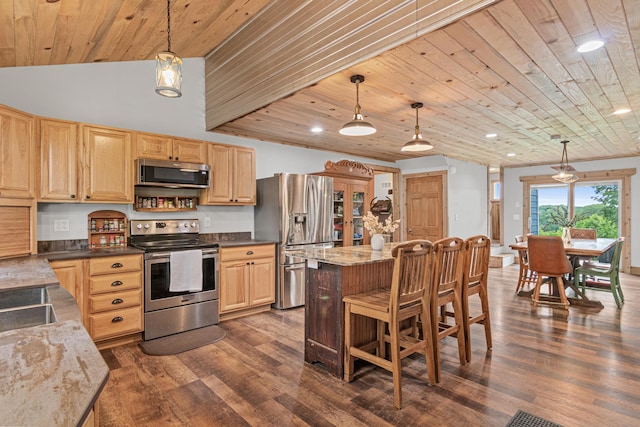 2565 Highland Rd, Minnetrista, MN 55359 - kitchen with appliances with stainless steel finishes, wood ceiling, light brown cabinets, dark wood finished floors, and a center island