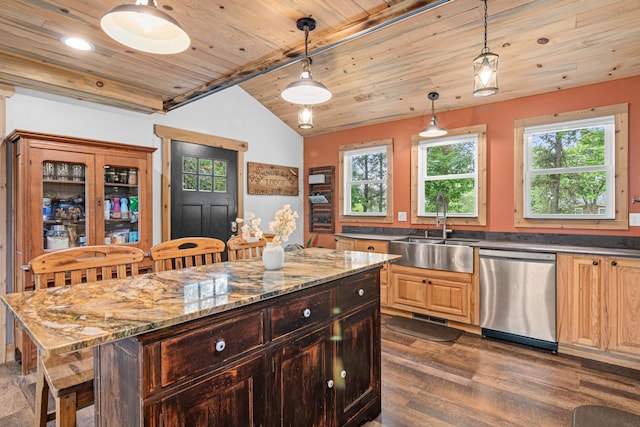 2565 Highland Rd, Minnetrista, MN 55359 - kitchen featuring stainless steel dishwasher, lofted ceiling, wood ceiling, a kitchen breakfast bar, and dark wood-style floors