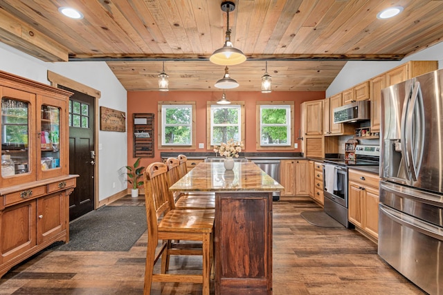 2565 Highland Rd, Minnetrista, MN 55359 - kitchen with stainless steel appliances, vaulted ceiling, wooden ceiling, dark wood-type flooring, and a kitchen island