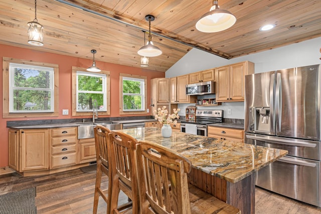 2565 Highland Rd, Minnetrista, MN 55359 - kitchen with stainless steel appliances, dark wood finished floors, wood ceiling, a breakfast bar, and light brown cabinetry