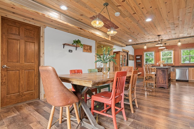 2565 Highland Rd, Minnetrista, MN 55359 - dining room featuring dark wood-style floors, wood ceiling, and recessed lighting