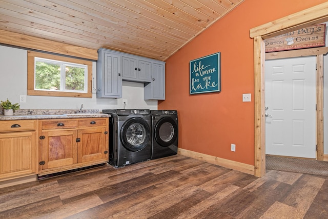 2565 Highland Rd, Minnetrista, MN 55359 - washroom with cabinet space, wooden ceiling, washing machine and clothes dryer, and dark wood-style flooring