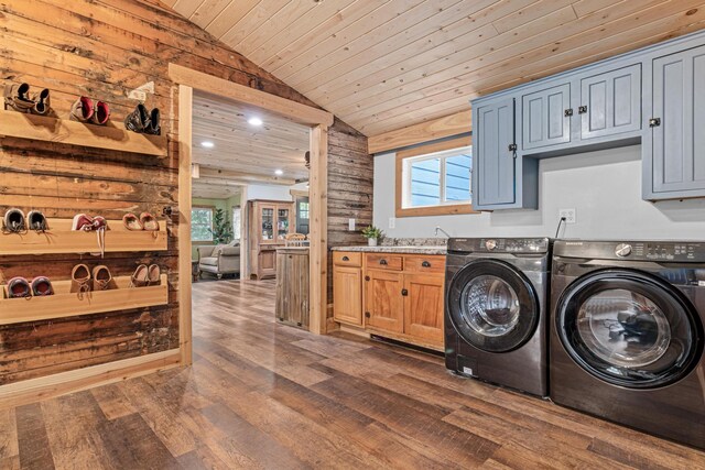 2565 Highland Rd, Minnetrista, MN 55359 - washroom with washer and dryer, cabinet space, wooden ceiling, dark wood-type flooring, and wood walls
